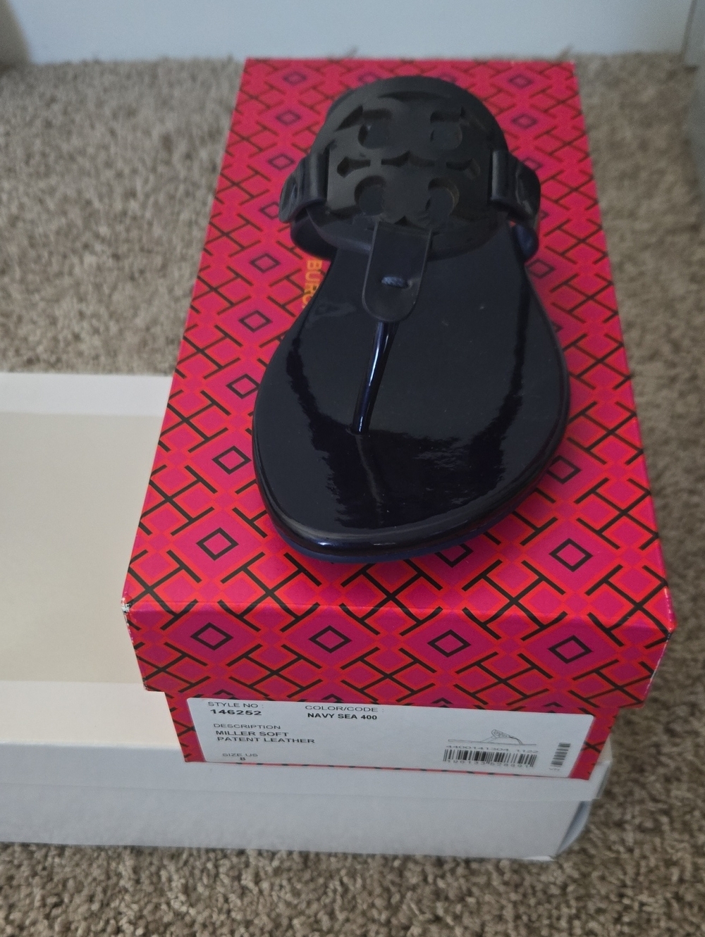 Tory Burch Navy Patent Leather Thong Sandal with Logo Medallion